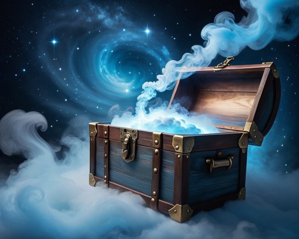 Wooden treasure chest against a cosmic background