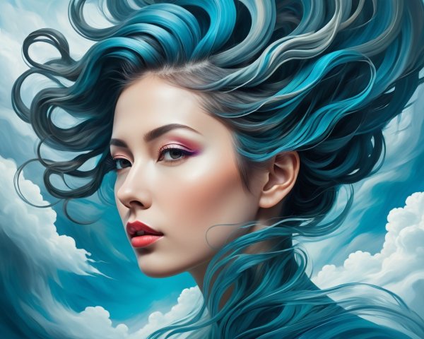 Portrait of a Woman with Blue Hair and Cloud Background