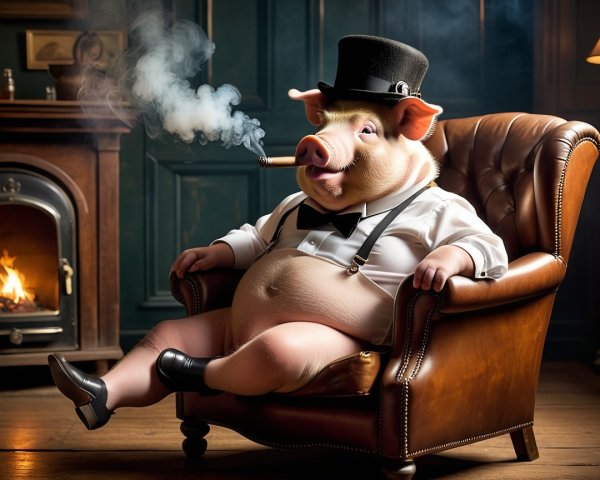 Comical Pig in Top Hat Lounging in Elegant Setting