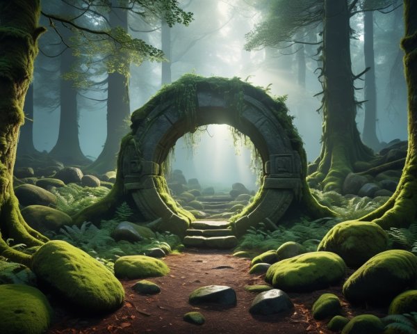 Ancient stone portal in a misty forest setting
