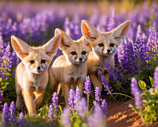 Fennec fox kits in vibrant purple flower field
