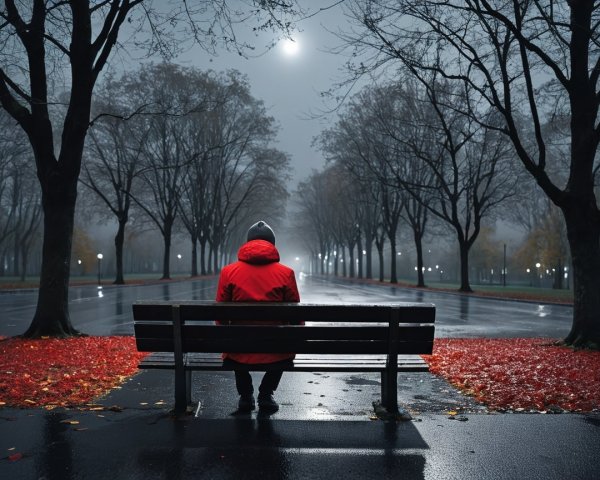 Solitary Figure in Red Jacket on Foggy Park Bench