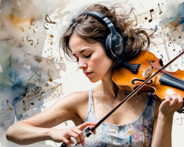 Young woman playing violin with colorful watercolor backdrop