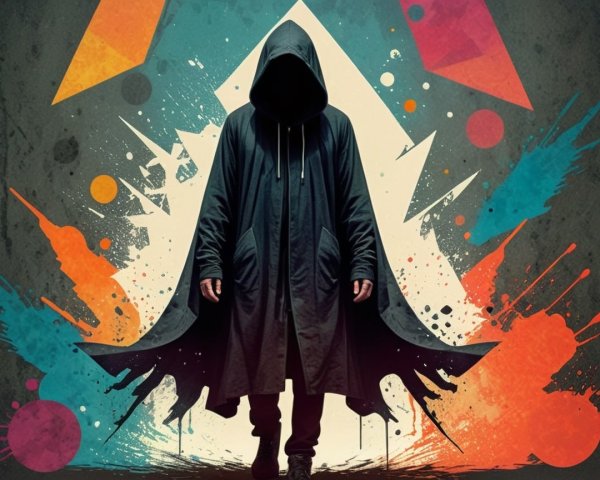 Mysterious figure in hooded cloak against vibrant colors
