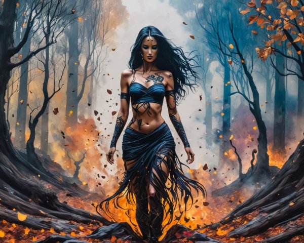 Fierce Woman in Mystical Forest with Autumn Leaves