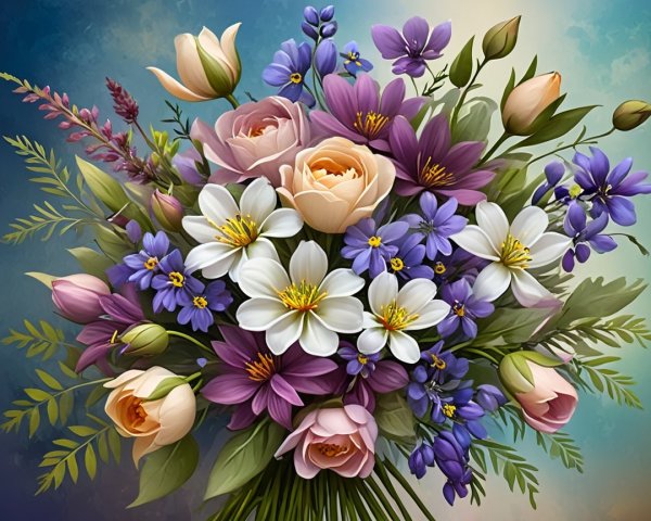 Vibrant bouquet of pink roses, white daisies, and violets
