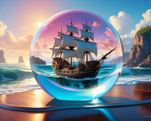 Majestic ship in crystal sphere with vibrant seascape