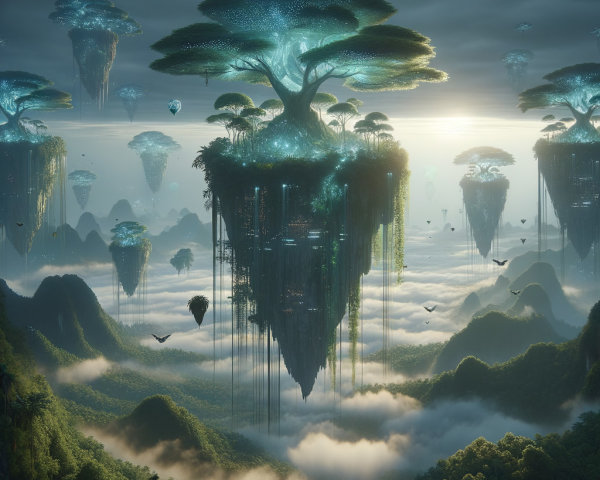 Floating Islands with Lush Trees and Ethereal Lights