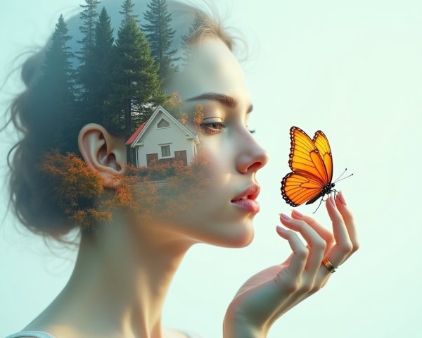 Portrait of a Young Woman with Nature and Butterfly