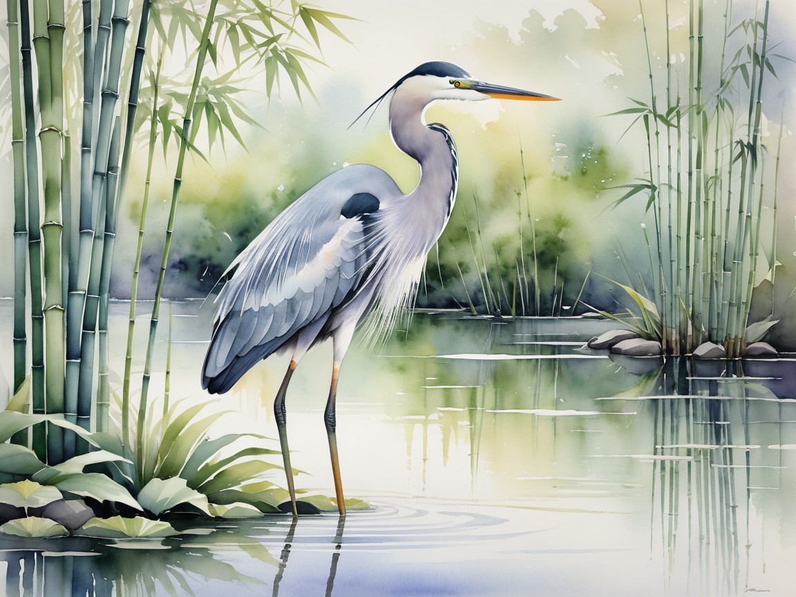 Heron by Serene Pond Surrounded by Lush Greenery