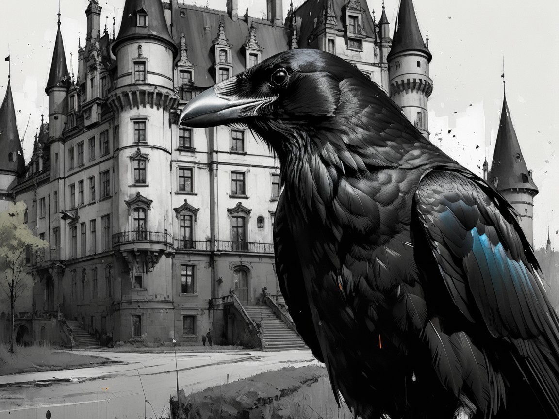 Raven and Gothic Castle Create Mysterious Scene