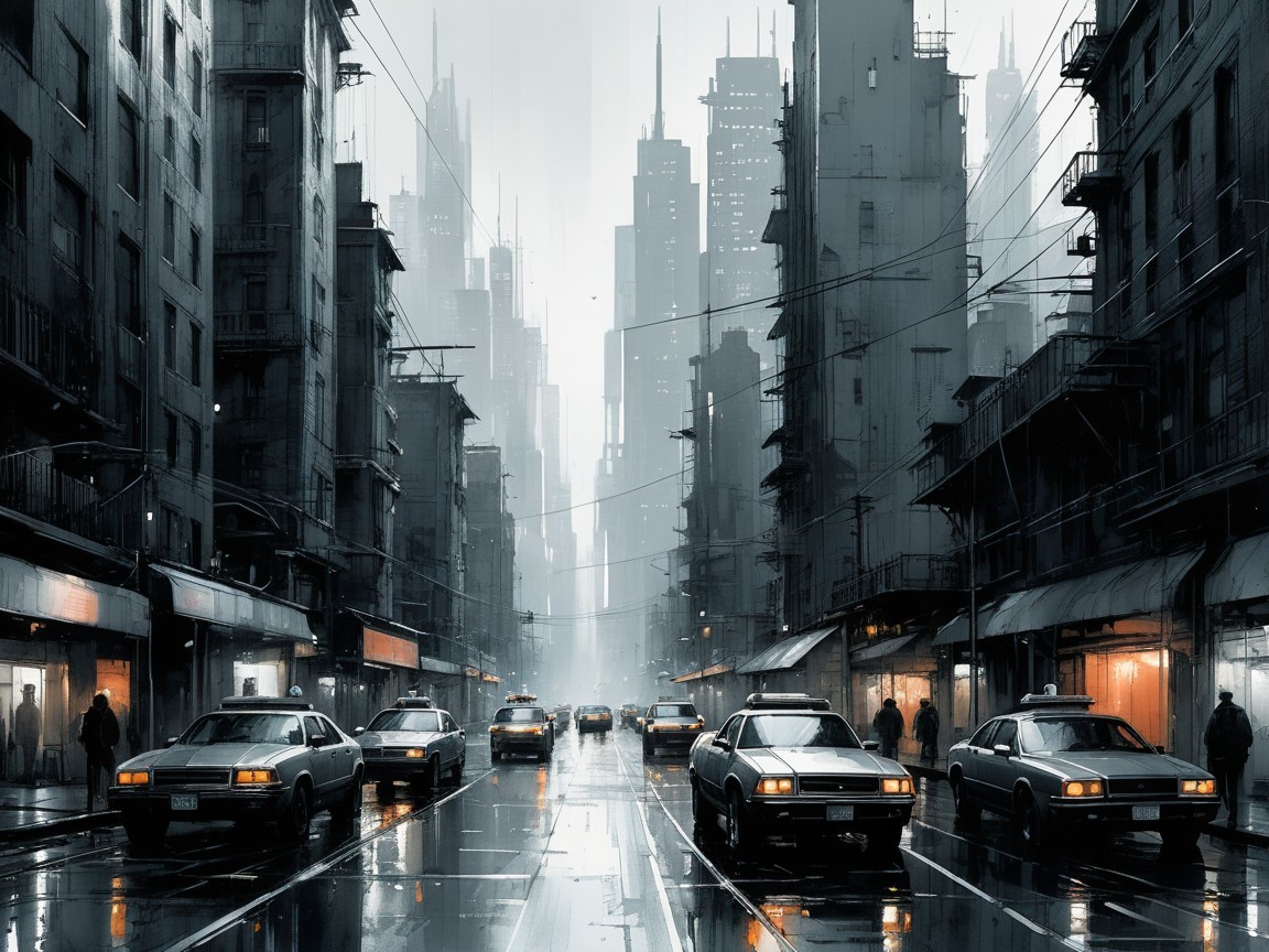 Vintage Taxis in Rainy Urban Landscape with Skyscrapers