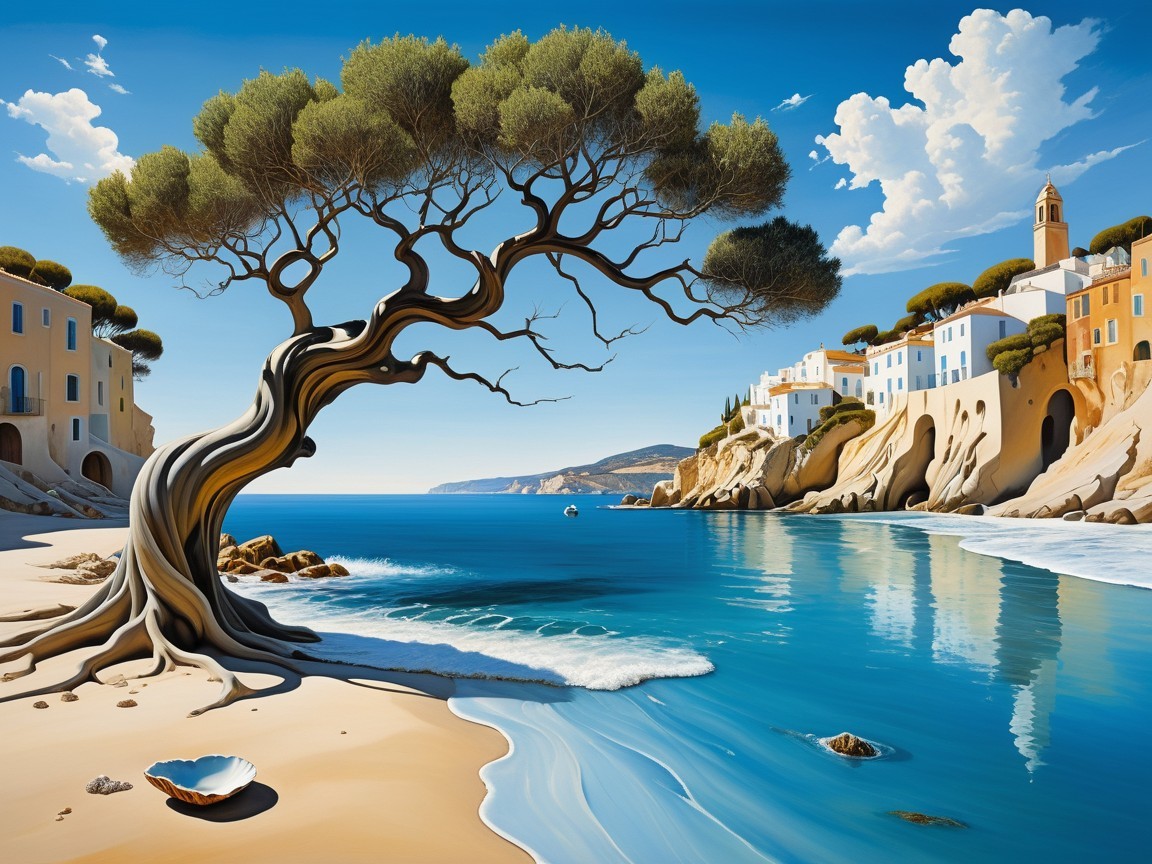 Coastal Scene with Gnarled Tree and Serene Bay