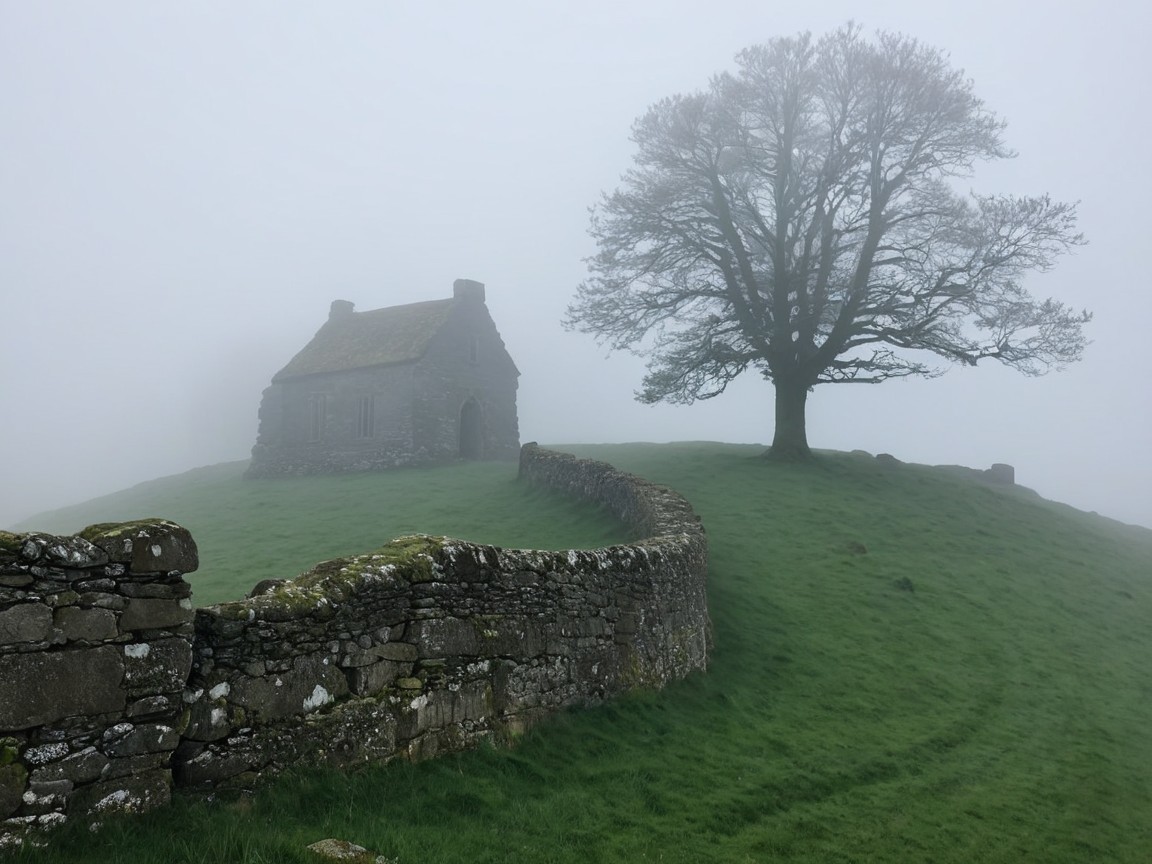Stone Chapel on Grassy Hill Surrounded by Fog