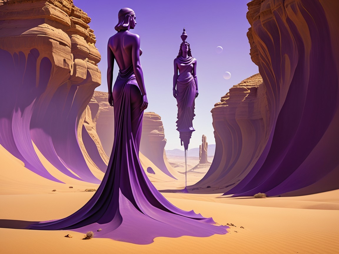 Surreal Desert Landscape with Towering Purple Figure