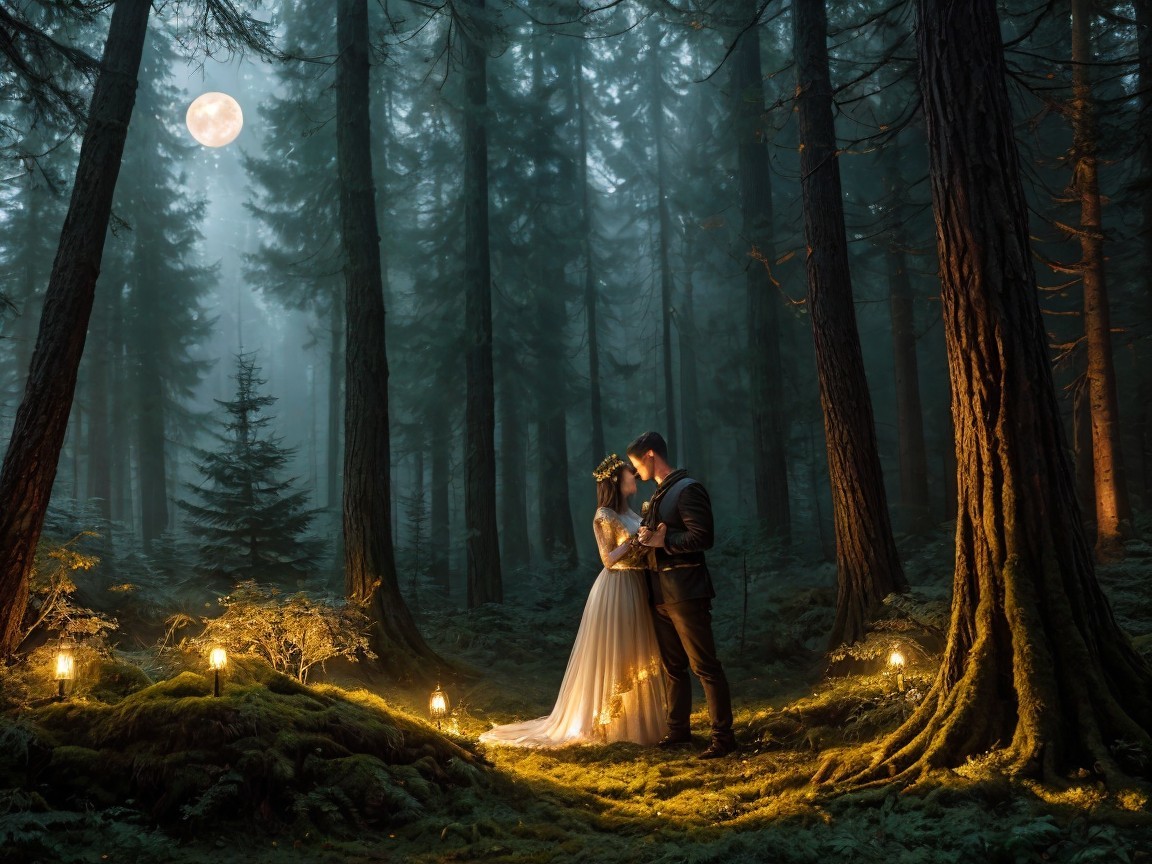 Couple Embraced in Misty Forest Under Full Moon