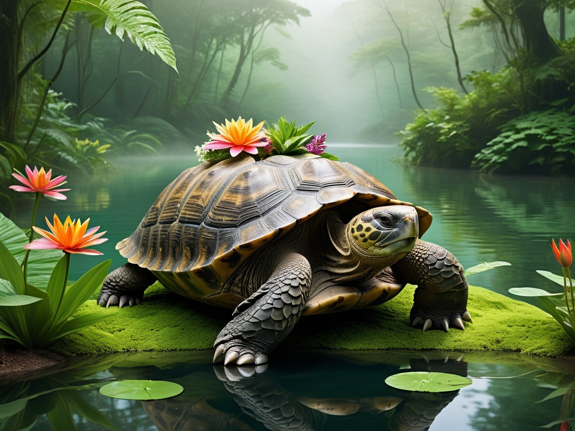 Turtle on a Lush Island by a Misty Pond