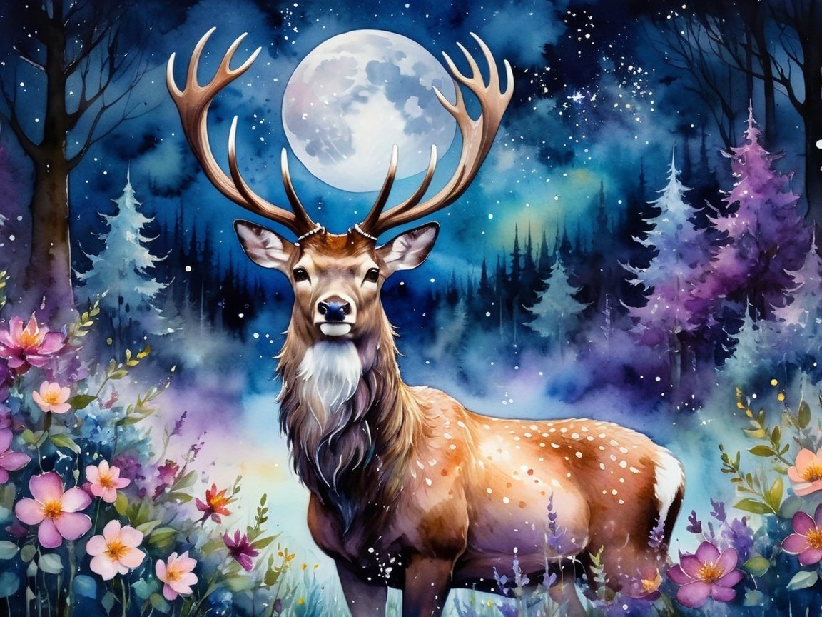 Majestic stag in a mystical moonlit forest scene