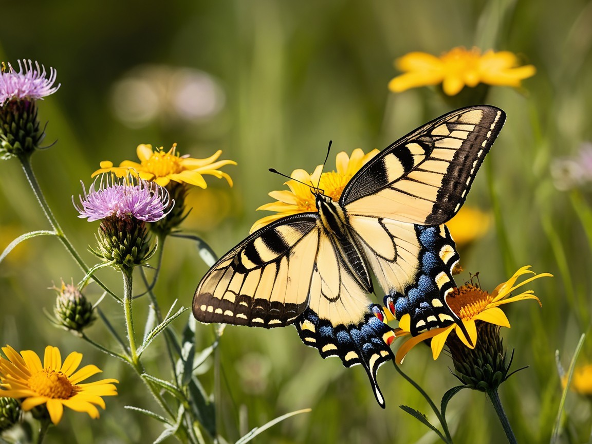 Swallowtail Butterfly on Yellow and Purple Wildflowers