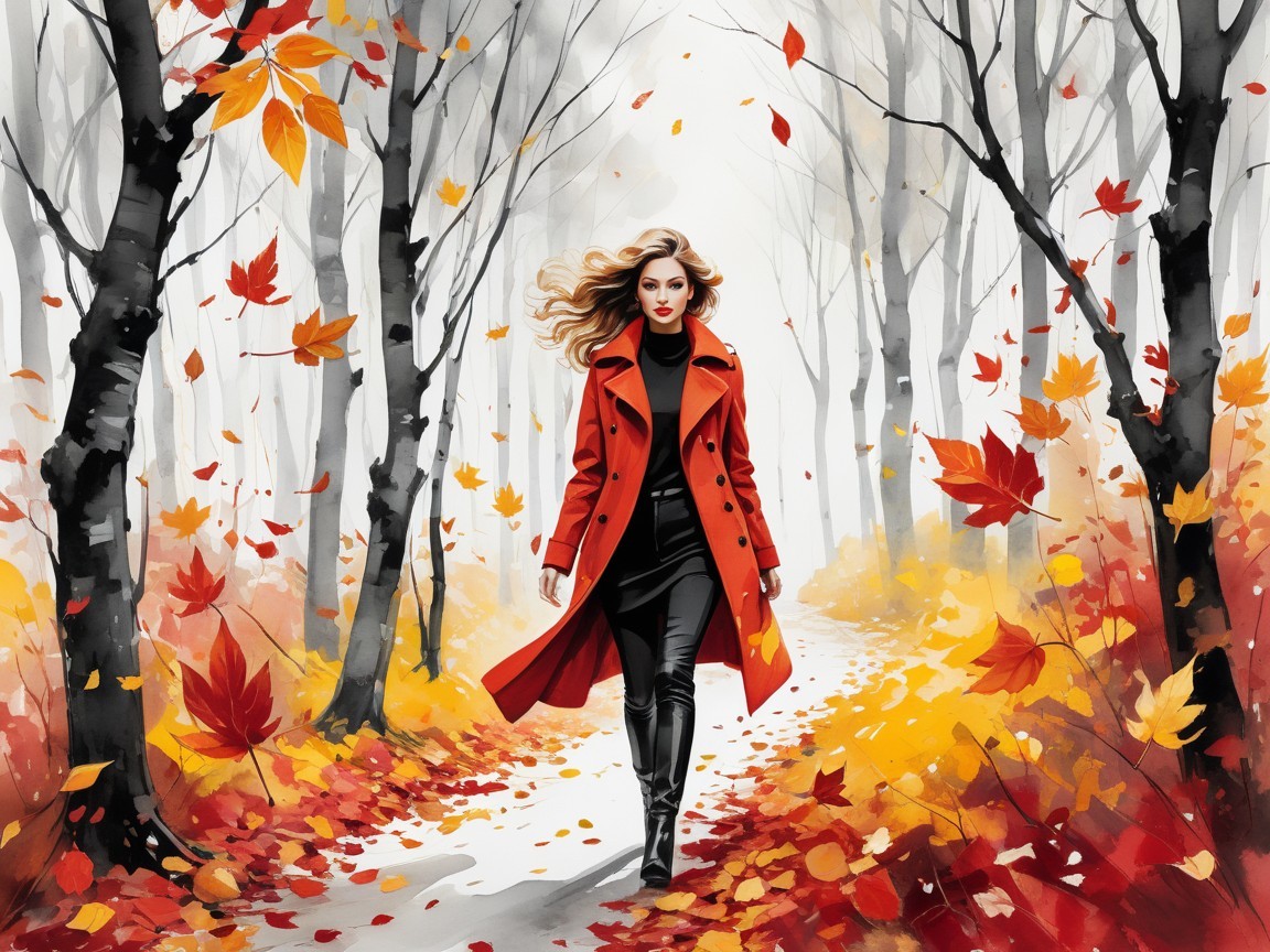 Woman in red coat walking through autumn forest path