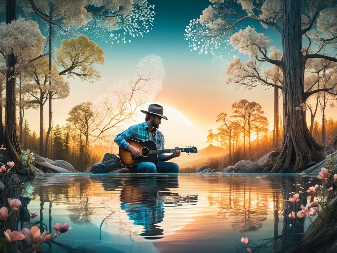 Guitarist by Tranquil Lake at Sunset with Flowers