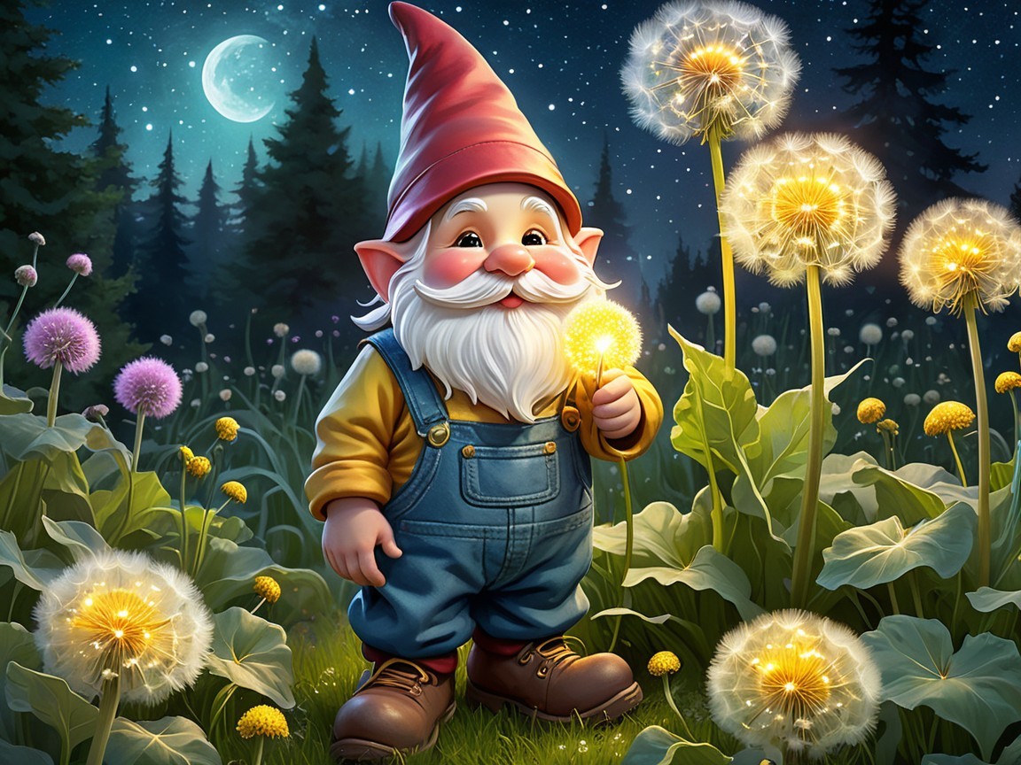 Cheerful garden gnome in a whimsical night scene