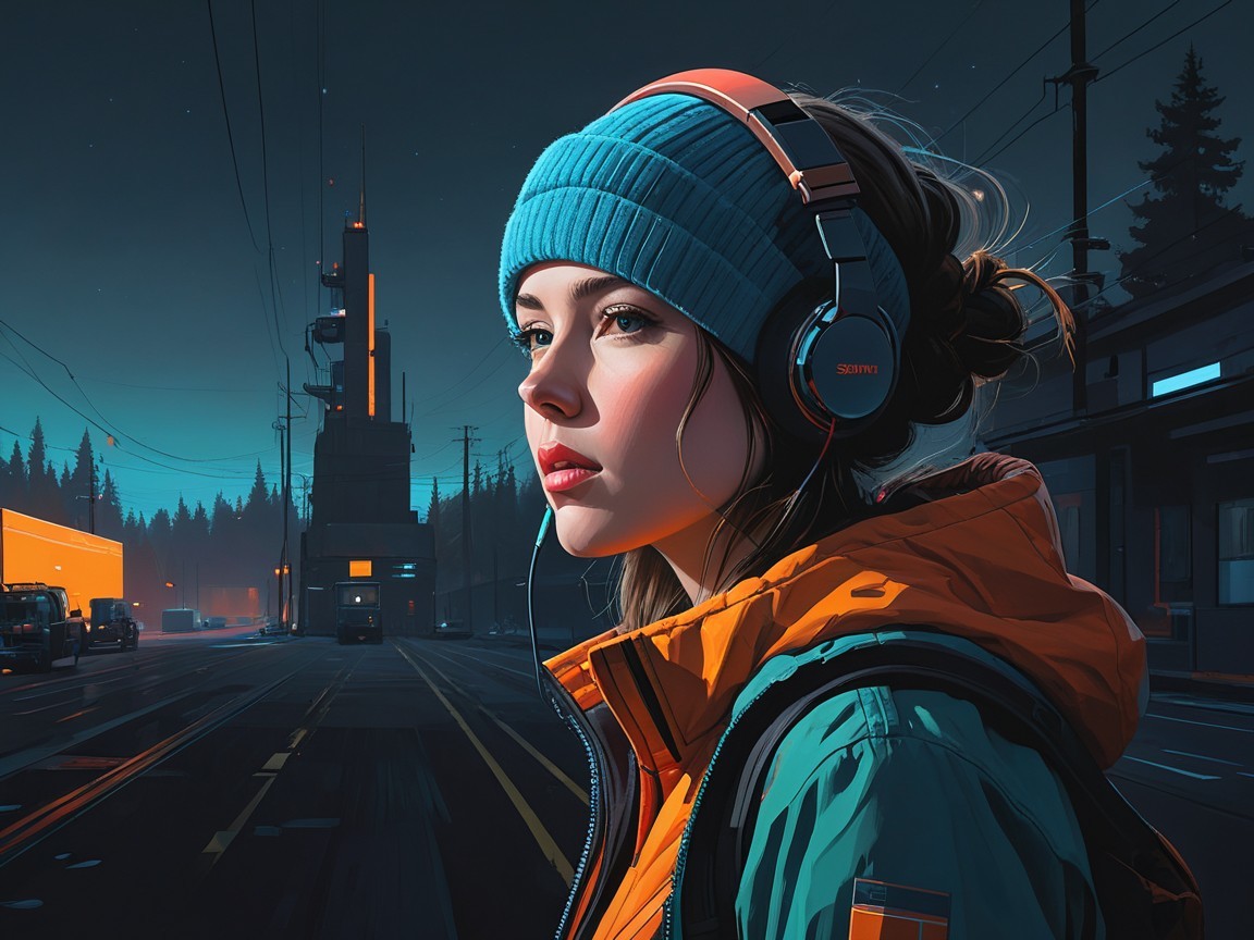 Young woman in orange jacket and blue beanie at night