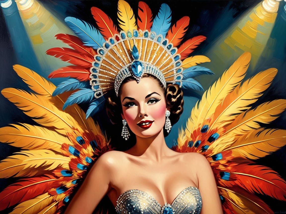 Glamorous Performer in Vibrant Feather Costume
