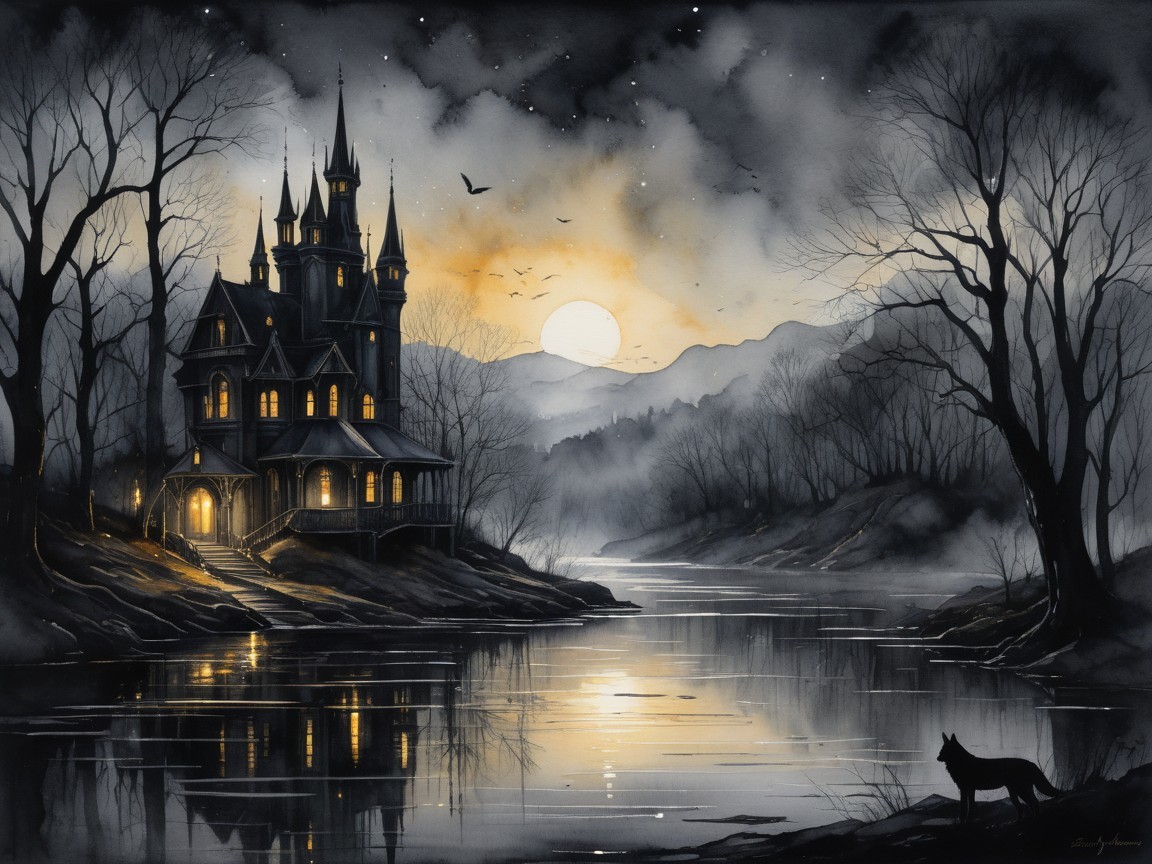 Gothic Mansion at Dusk with Moonlit River Scene