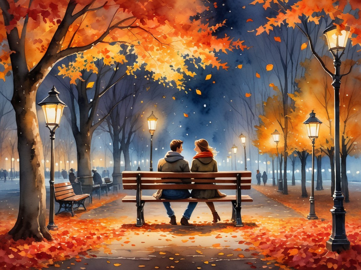 Autumn Evening Scene with Couple in a Park