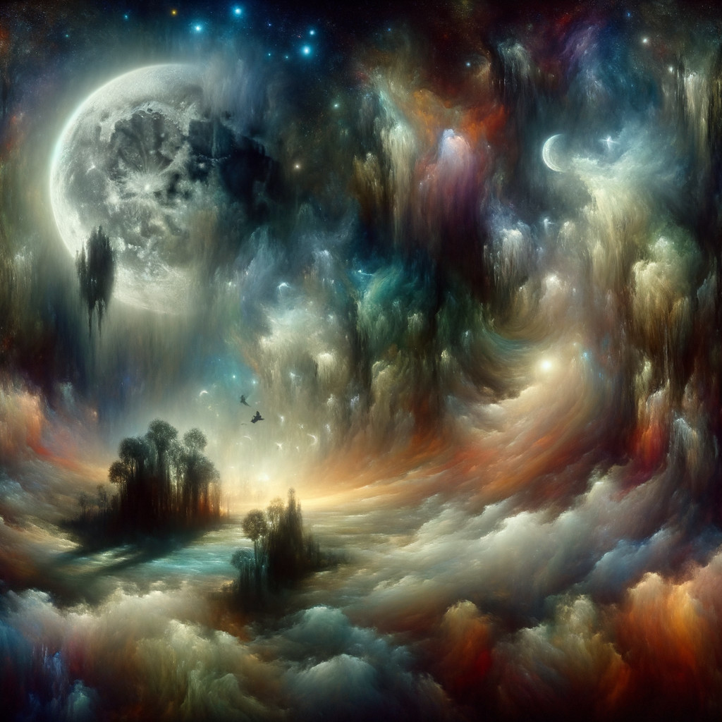 Surreal Cosmic Scene with Luminous Moon and Clouds