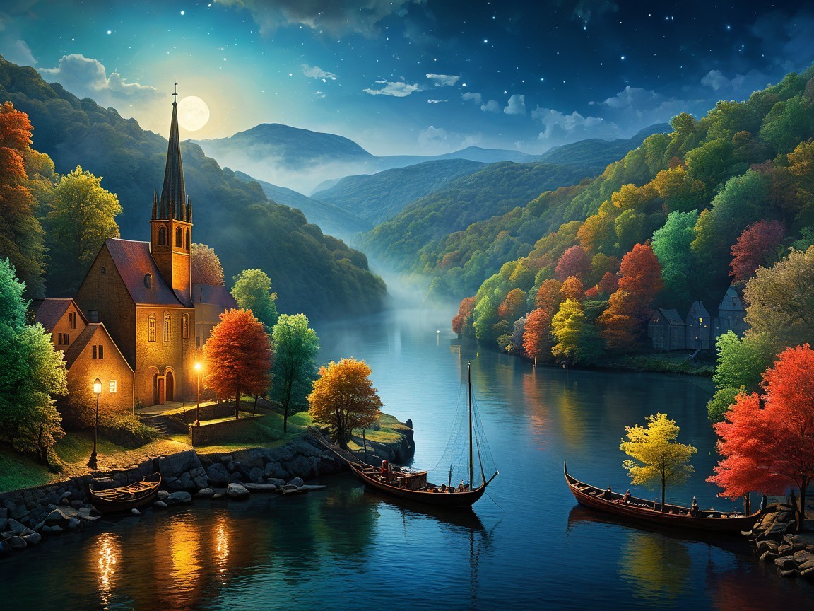 Twilight Village Landscape by a River with Autumn Foliage