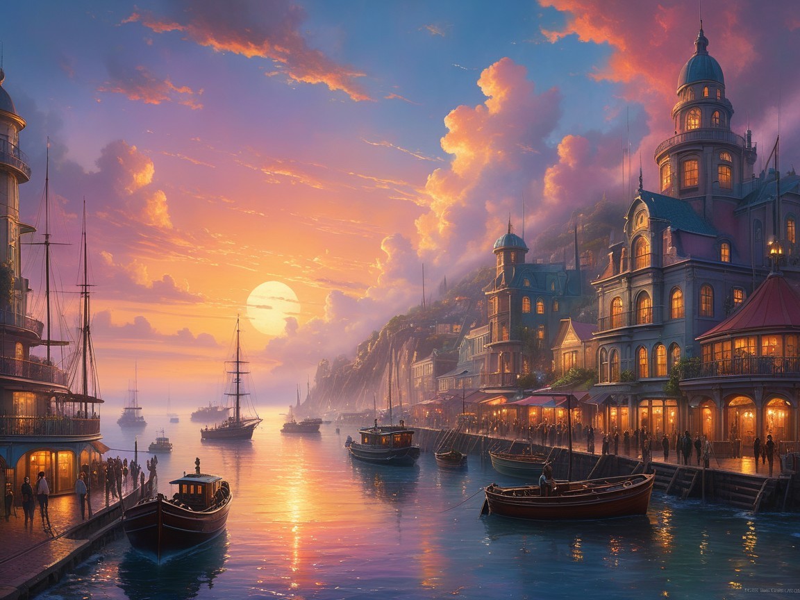 Serene Waterfront Scene at Sunset with Vibrant Hues