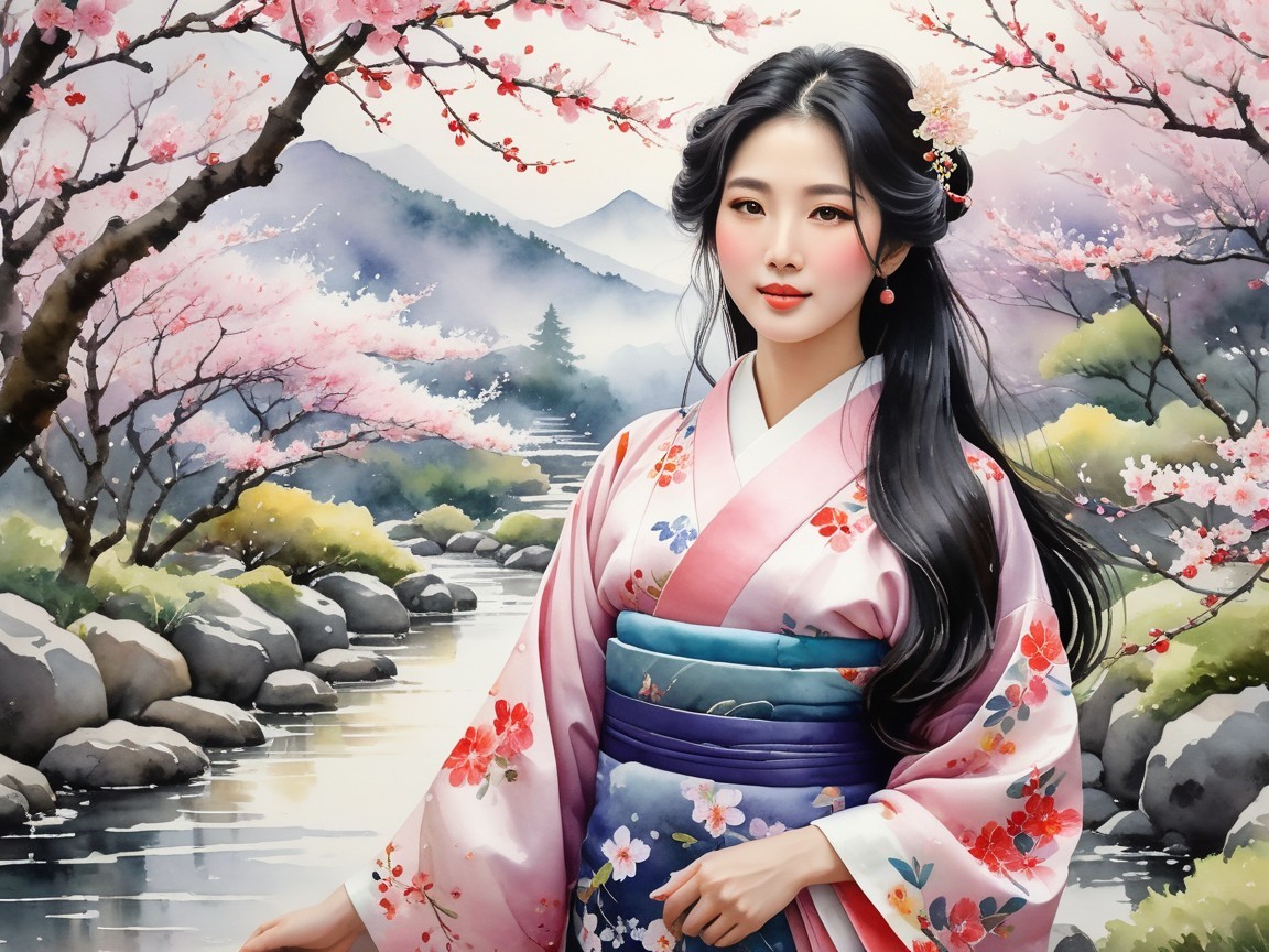 Young Woman in Kimono by Tranquil River and Cherry Trees