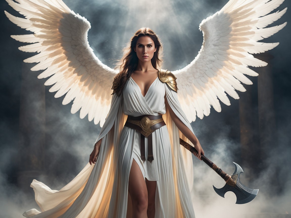 Angelic Warrior with Ethereal Wings and Axe