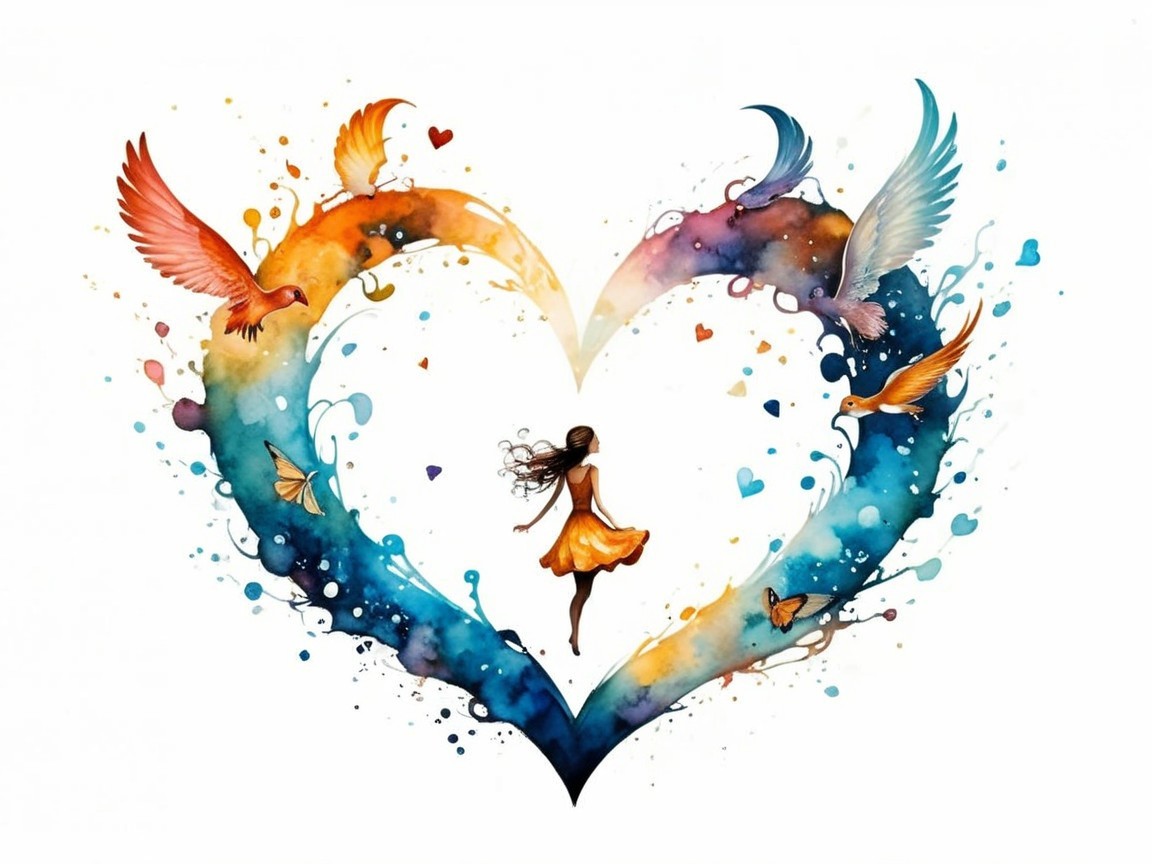 Vibrant Watercolor Heart with Dancing Girl and Birds