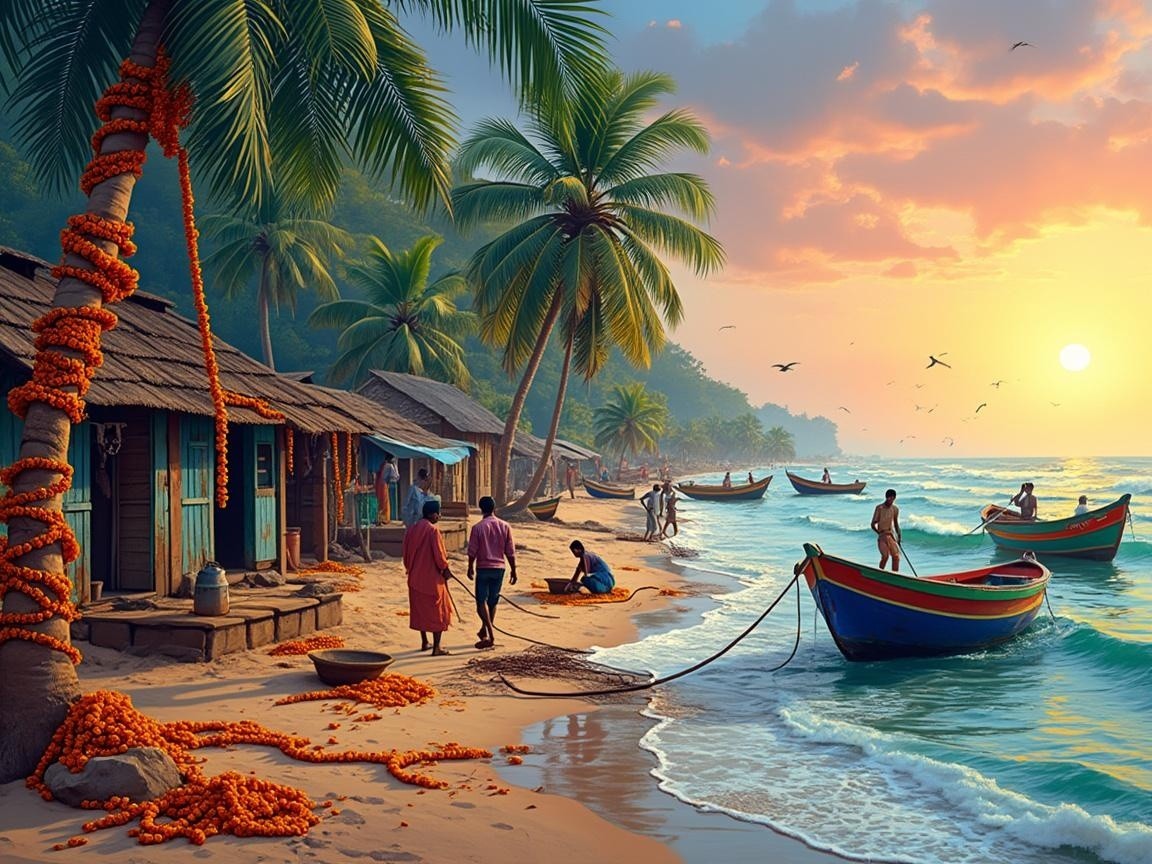 Sunset Beach Scene with Boats and Local Activities