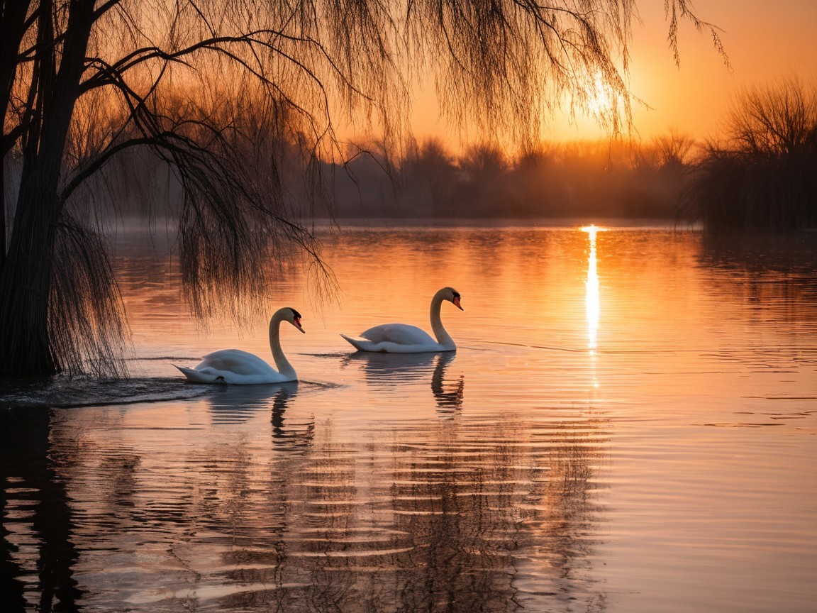 Swans Gliding on a Tranquil Lake at Sunset