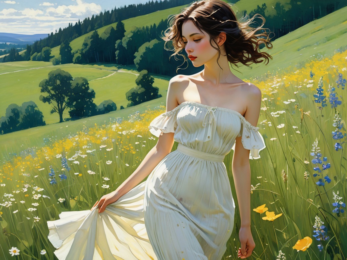 Young woman in white dress in vibrant meadow scene