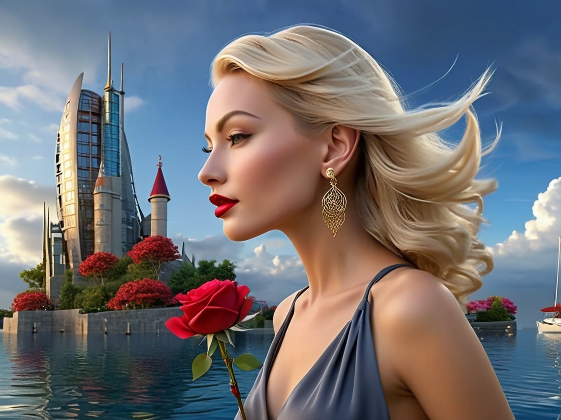 Elegant Woman by Water with Castle and Flowers