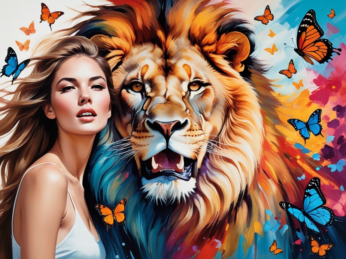 Woman and Lion Surrounded by Colorful Butterflies