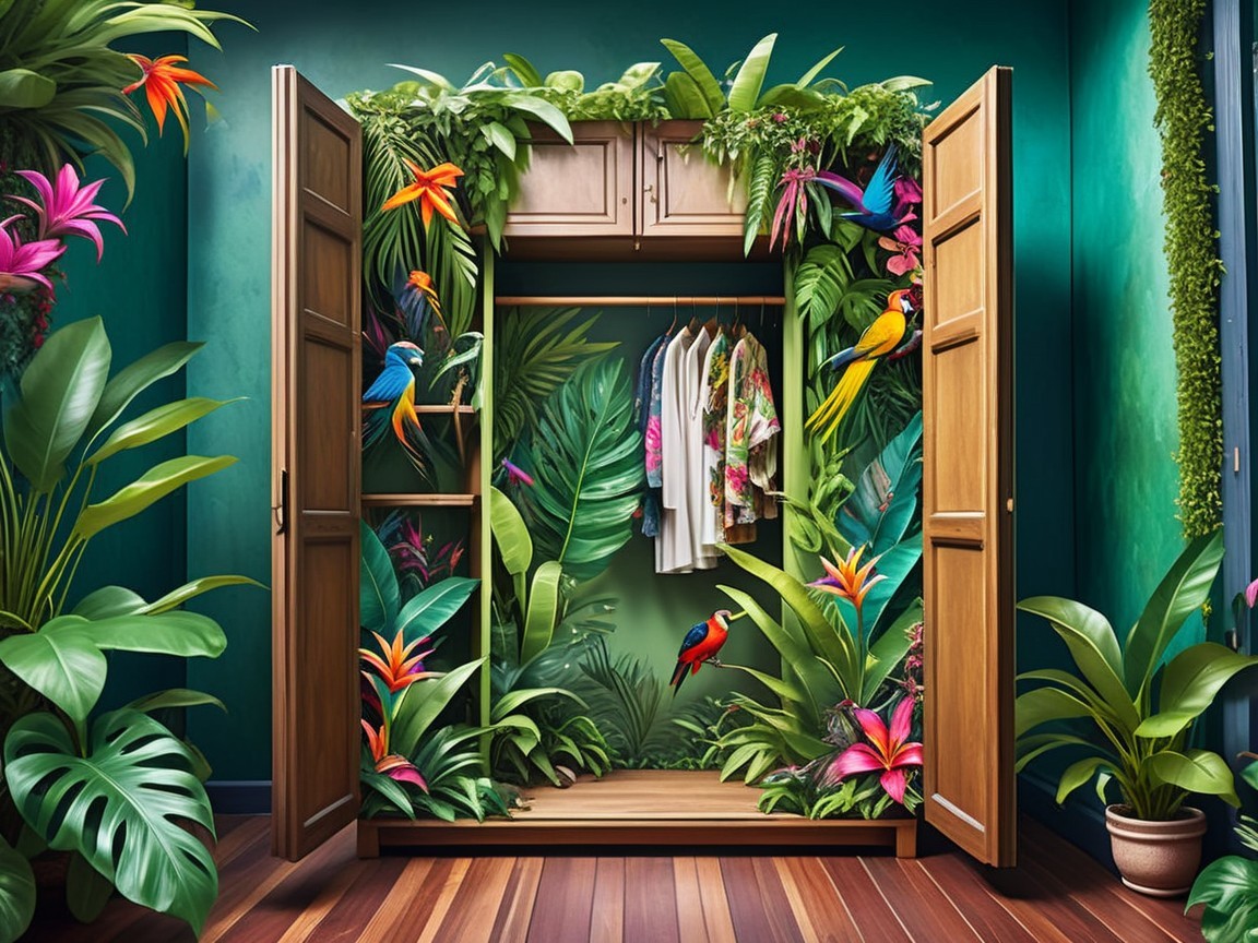 Wardrobe Open to Lush Jungle Scene with Exotic Plants