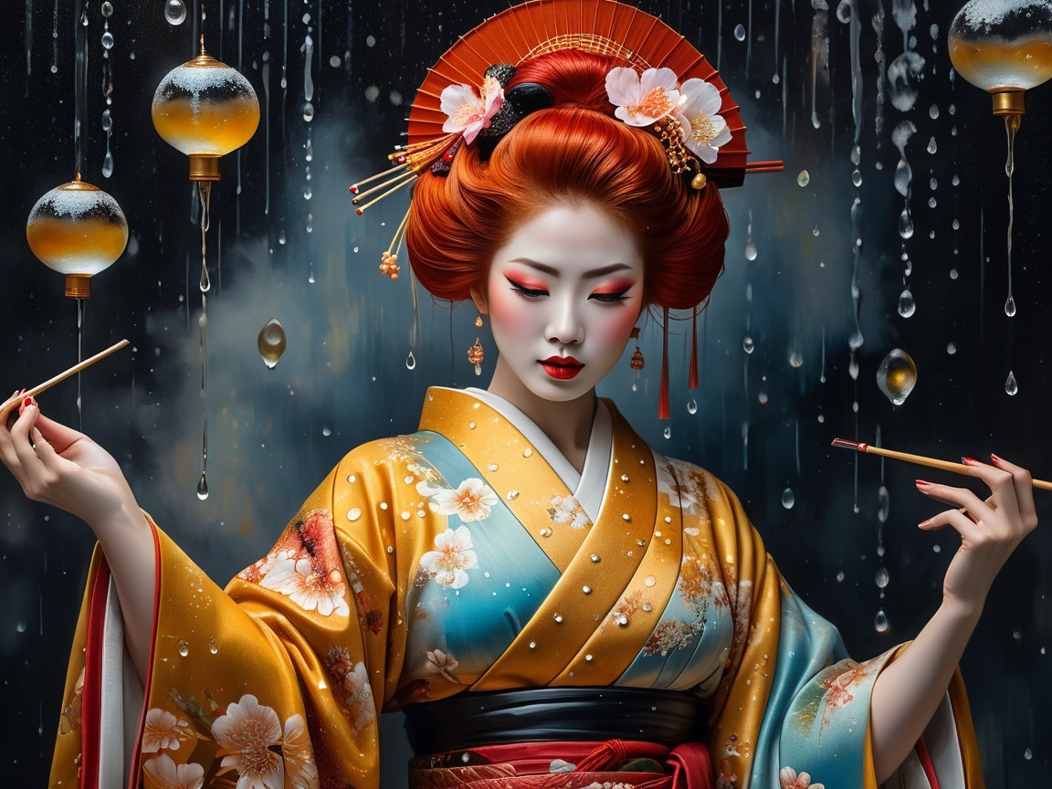 Portrait of a Geisha in Vibrant Kimono and Flowers