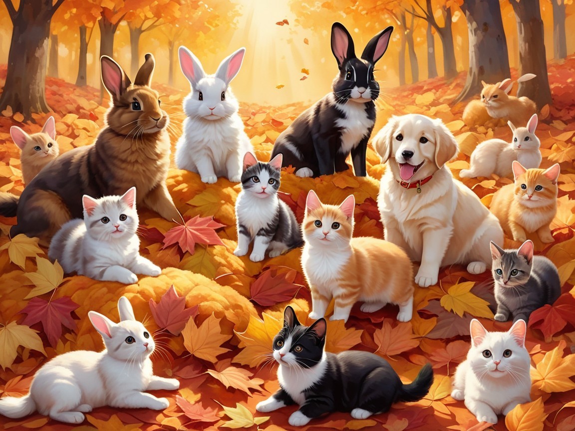 Autumn Scene with Animals Among Colorful Leaves