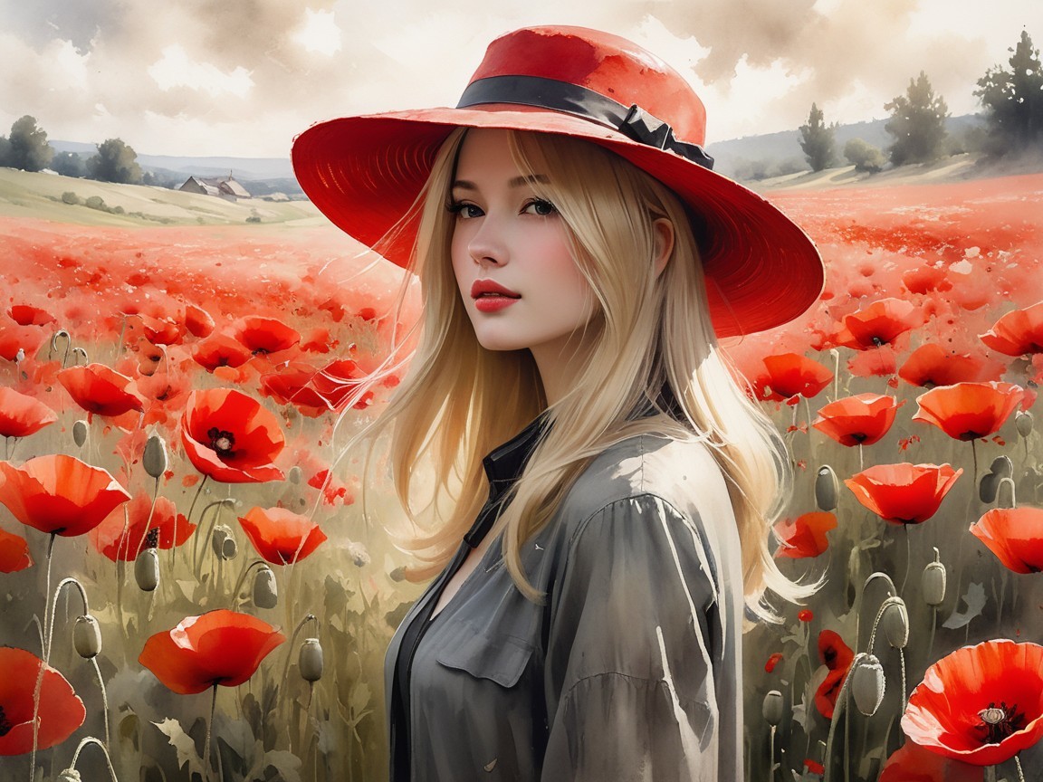 Young Woman in Red Hat Surrounded by Poppy Field
