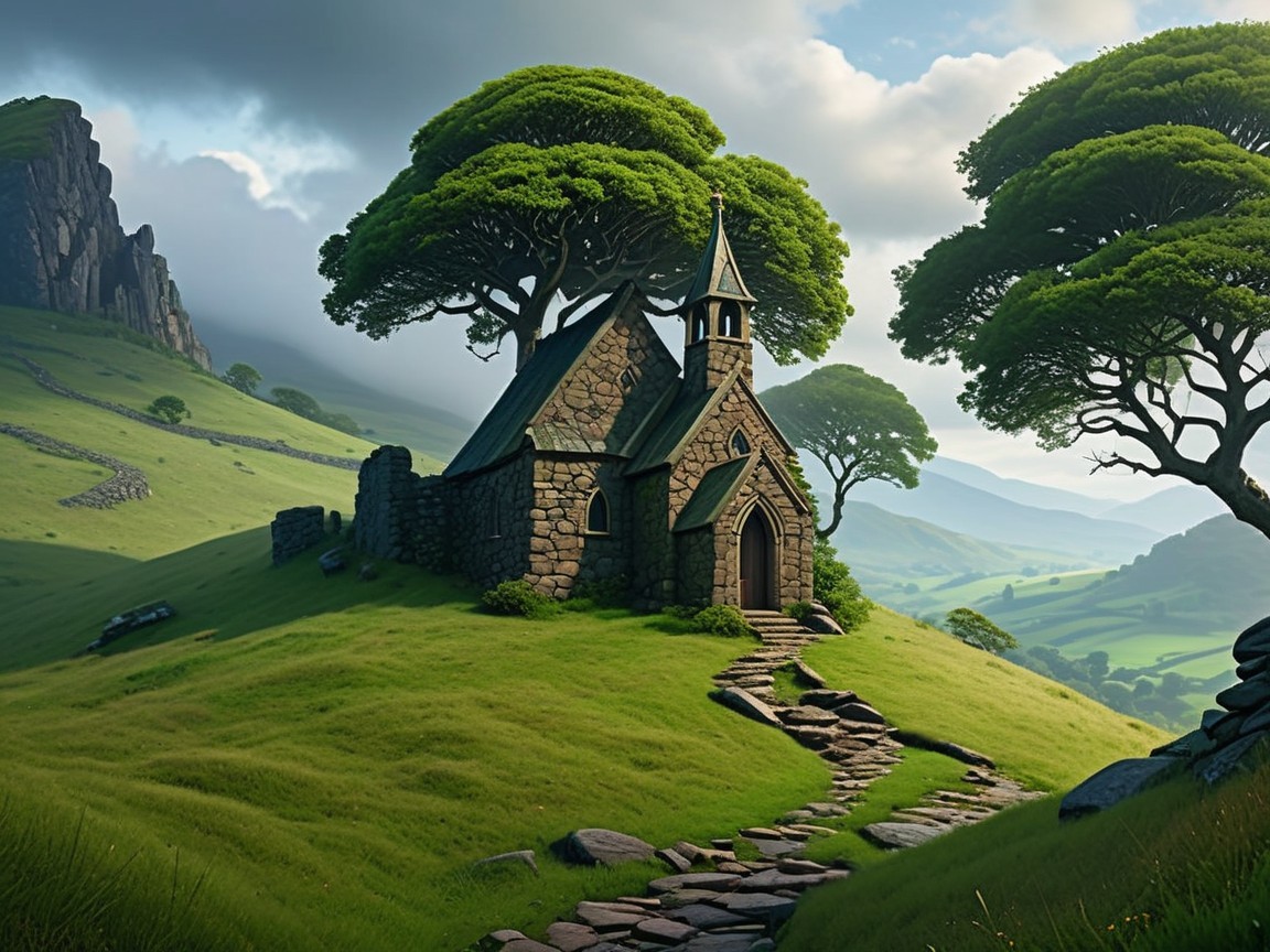 Stone chapel on a hillside with serene landscape views