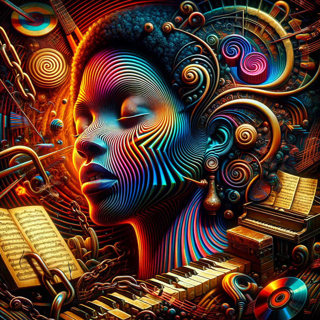Psychedelic Portrait with Musical Elements and Patterns