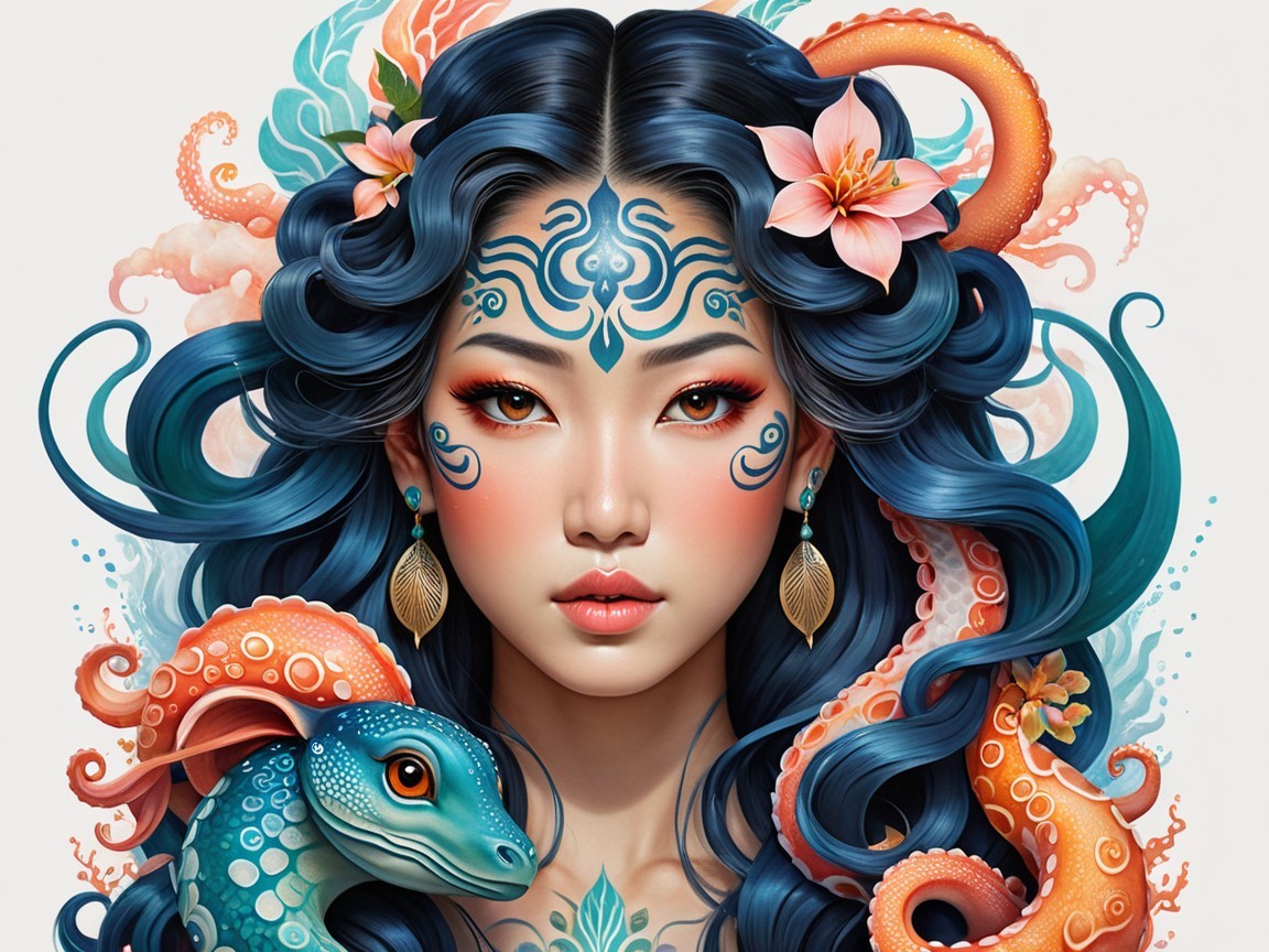 Portrait of a woman with blue hair and sea creatures