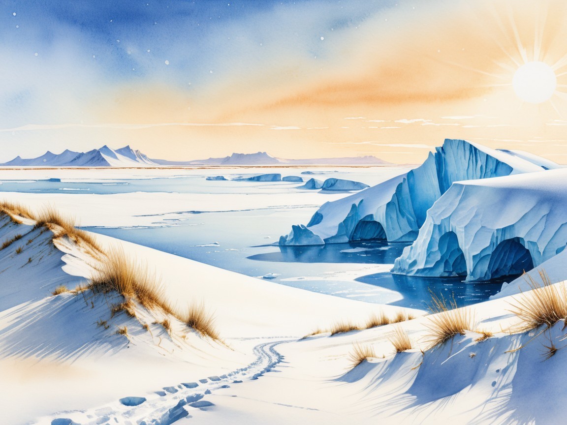 Serene Arctic Landscape with Icebergs and Sunrise