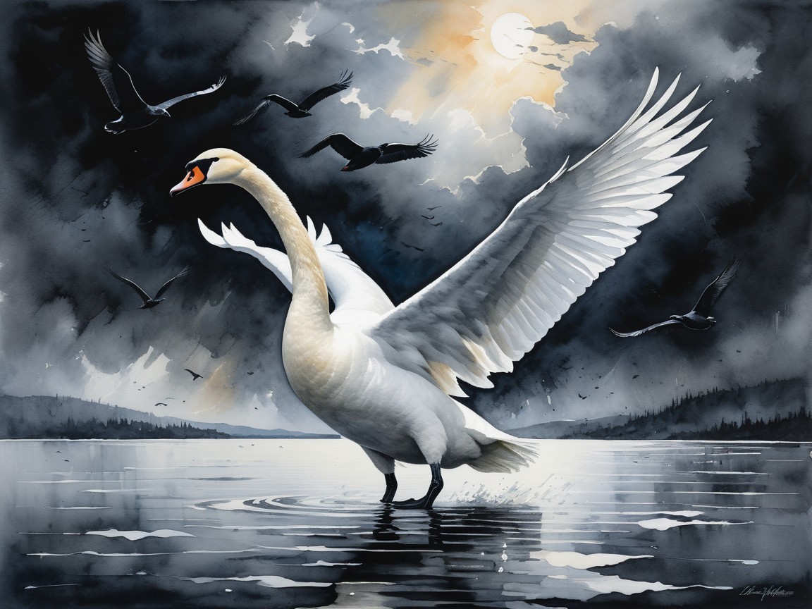 Swan Spreading Wings Over Tranquil Lake Scene